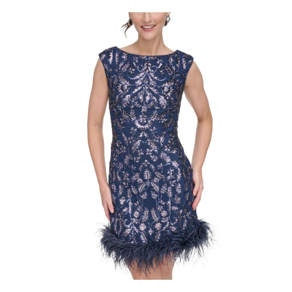 ELIZA J Womens Navy Feathered Trim Lined V-back Sleeveless Short Dress 4 - Picture 2 of 4